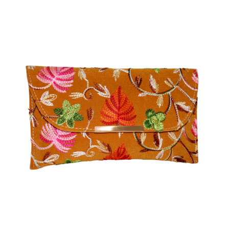 Handcrafted Cotton Embroidered Clutch with Gold Chain